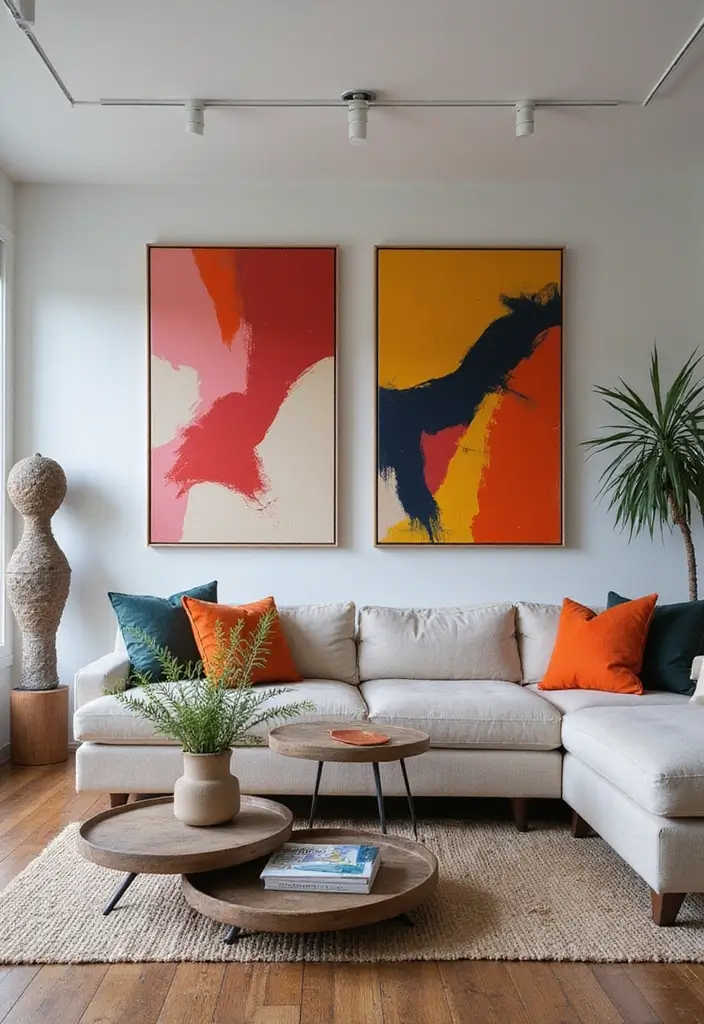15 Organic Modern Living Room Ideas That Blend Natural Warmth & Sleek Style - 10. Bold Art Pieces