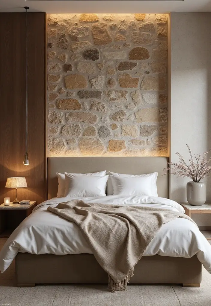 13 Natural Material Bedroom Ideas That Feel Organic & Effortlessly Elegant - 3. Natural Stone Accents
