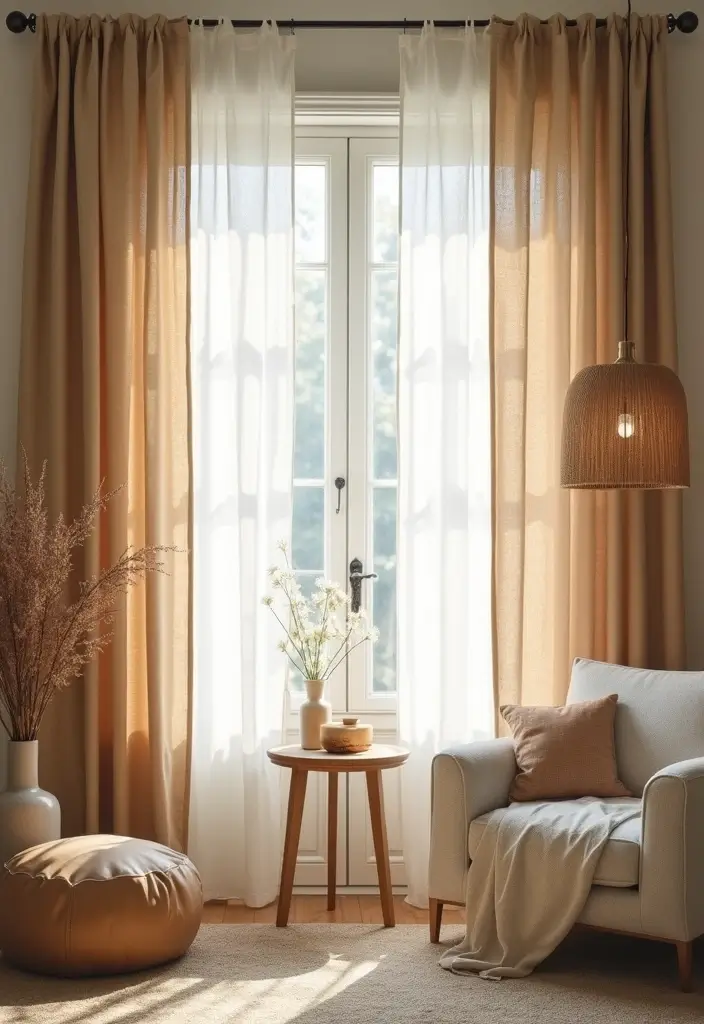 15 Organic Modern Living Room Ideas That Blend Natural Warmth & Sleek Style - 13. Soft Drapery