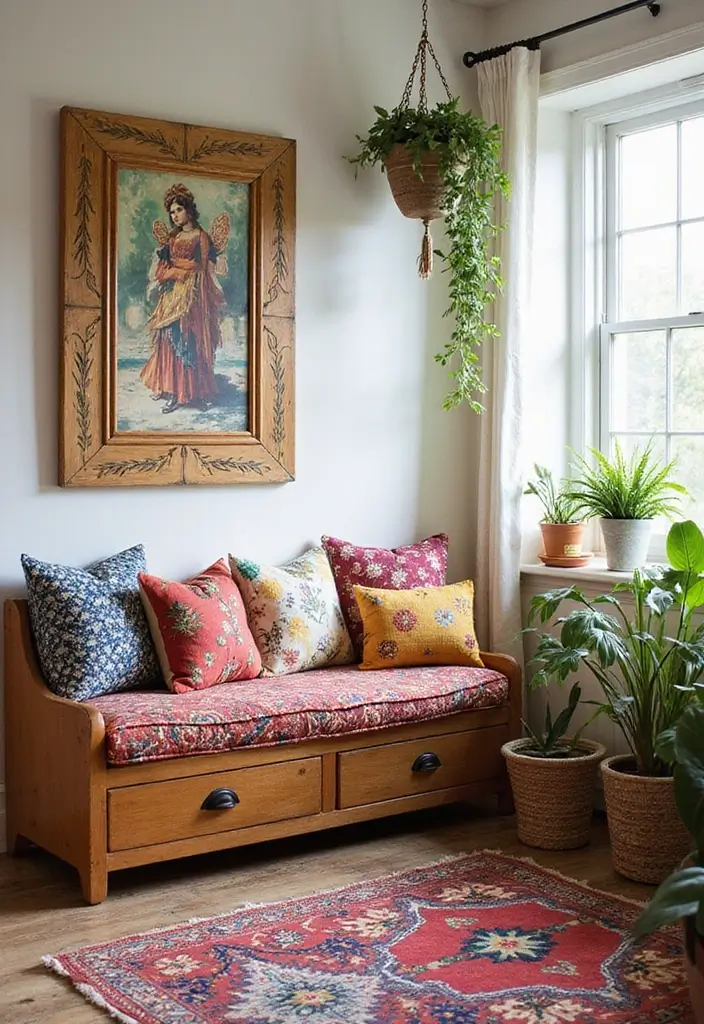 13 Banquette Storage Bench Ideas That Maximize Space & Style (Wait Until #6!) - 3. Vibrant Boho Bliss