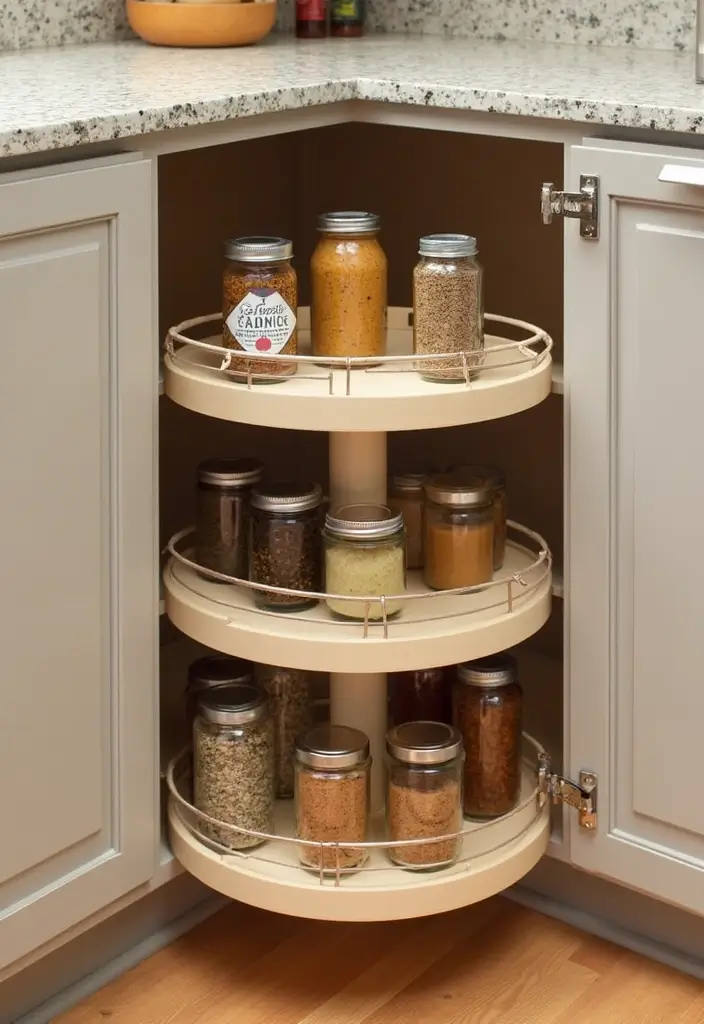 13 Pull-Out Pantry Organizer Ideas That Maximize Storage & Style (Don’t Miss #6!) - 7. Lazy Susan for Corner Convenience