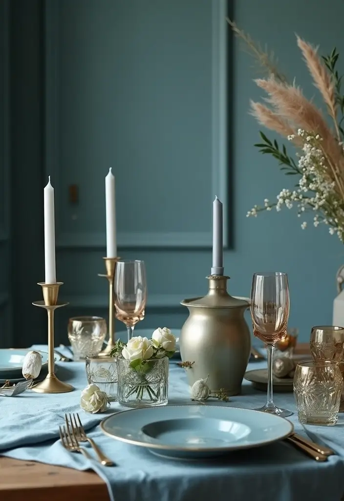 21 Dusty Blue Fall Tablescape Ideas That Will Reimagine Your Holiday Dinner - 3. Dusty Blue and Metallic Accents