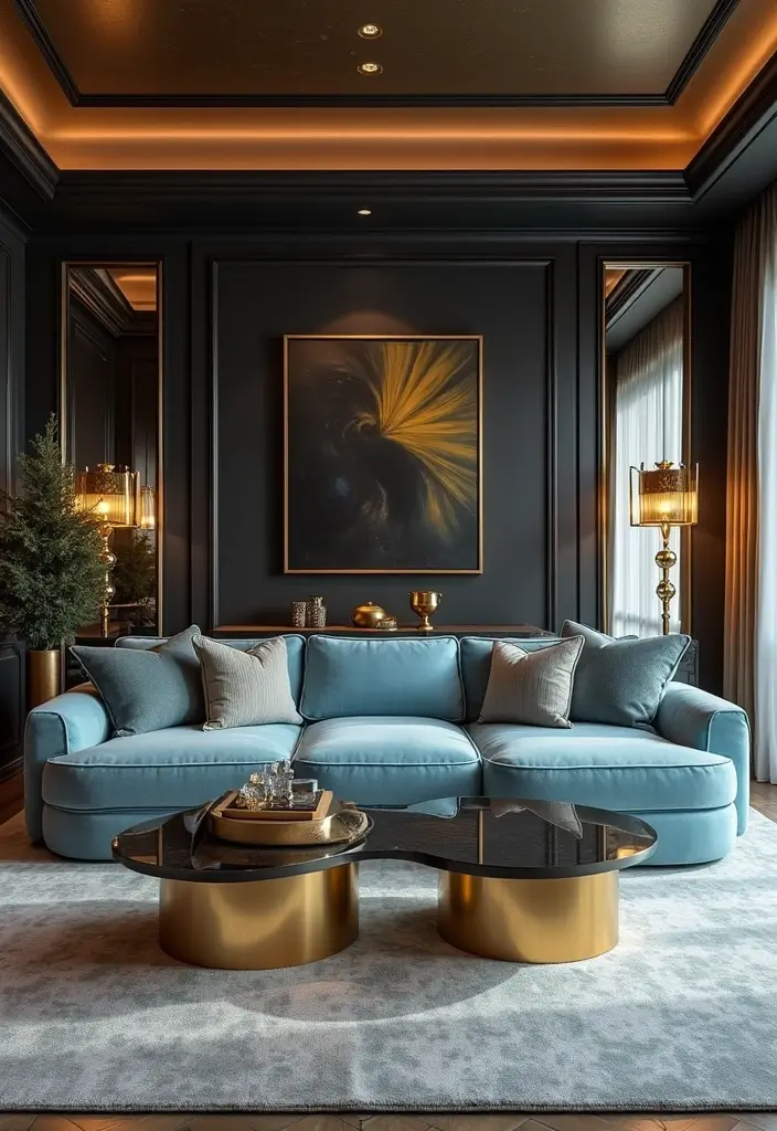 Top 10 Dusty Blue Sofa Living Room Ideas That Make Your Space Unforgettable (Wait Until #9!) - 4. Elegant Modern Glam